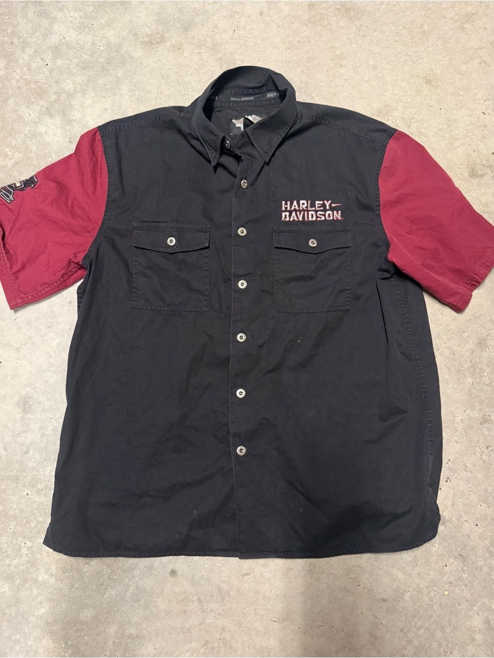 Harley-Davidson Black Button-Front Shirt with Burgundy Short Sleeves